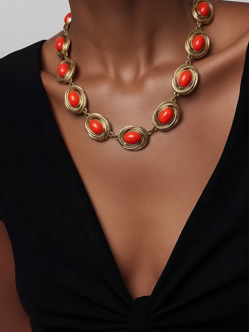 TALBOTS Gold Tone Orange Cabochon Lucite Link Necklace